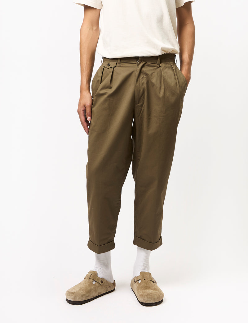 Beams Plus 2 Pleat Twill Trousers - Olive Green