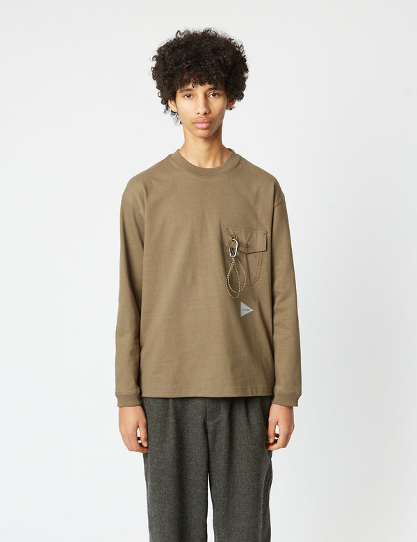 And Wander Pocket Long Sleeve T-Shirt - Dark Beige