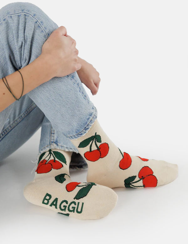 Baggu Crew Sock - Ecru Cherry