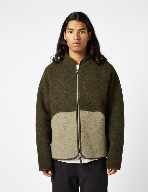 Folk Boxy Puzzle Fleece (Wool Mix) - Olive Green