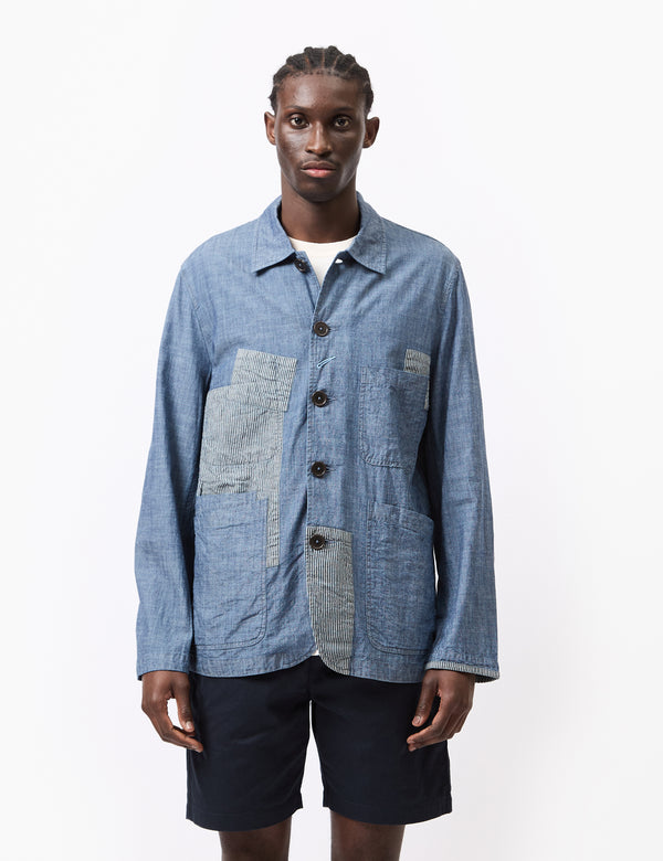 Universal Works Patched Bakers Jacket (Chambray/Hickory) - Indigo Blue