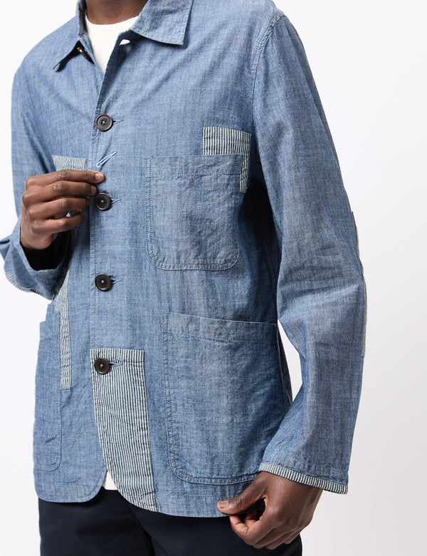 Universal Works Patched Bakers Jacket (Chambray/Hickory) - Indigo Blue