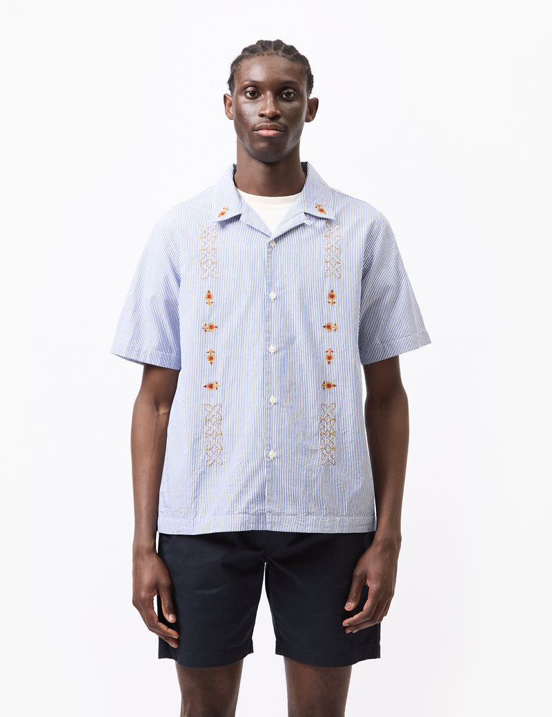 Universal Works Road Shirt (Classic Stripe Emb) - Blue