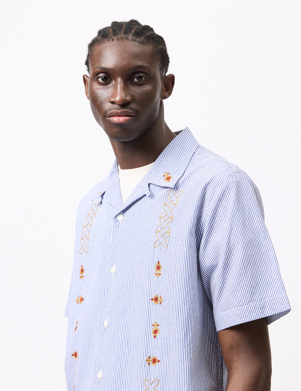 Universal Works Road Shirt (Classic Stripe Emb) - Blue