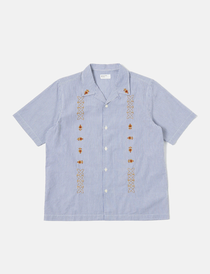 Universal Works Road Shirt (Classic Stripe Emb) - Blue