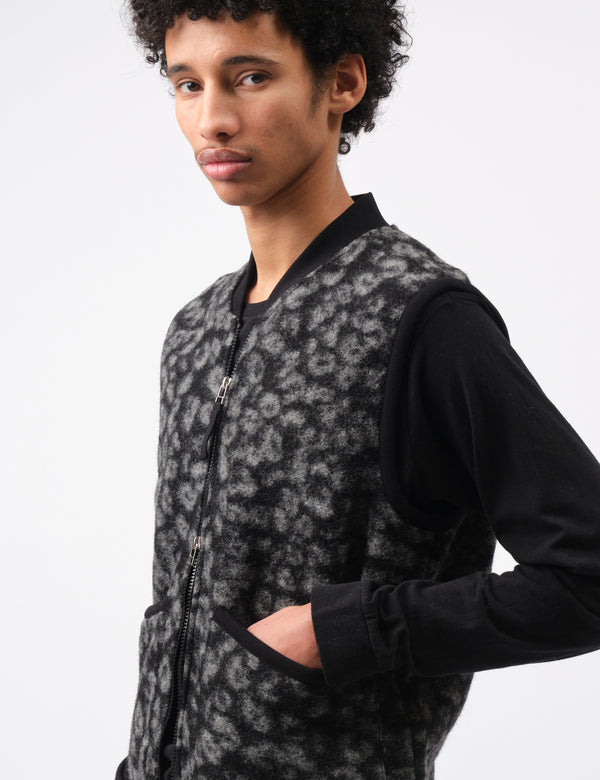 Universal Works Zip Fleece Waistcoat (Leopard) - Black/Charcoal