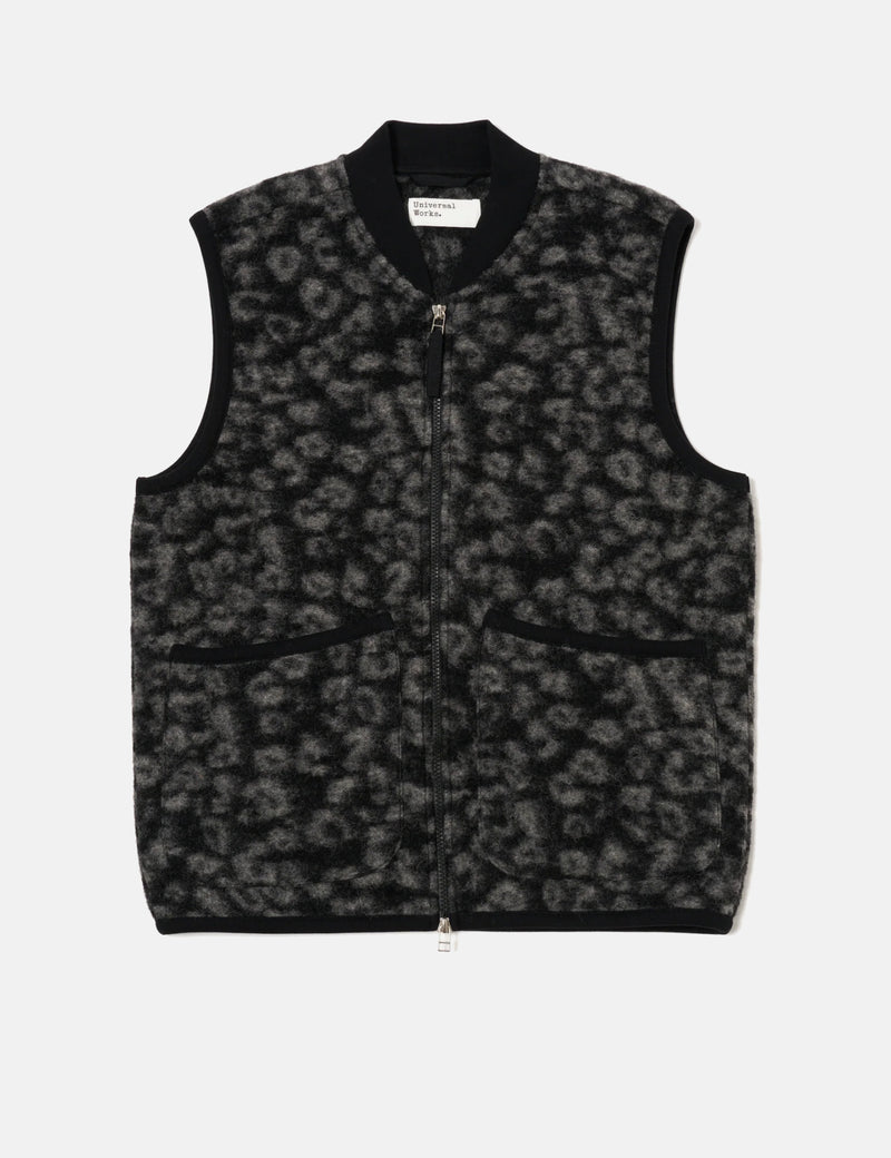 Universal Works Zip Fleece Waistcoat (Leopard) - Black/Charcoal