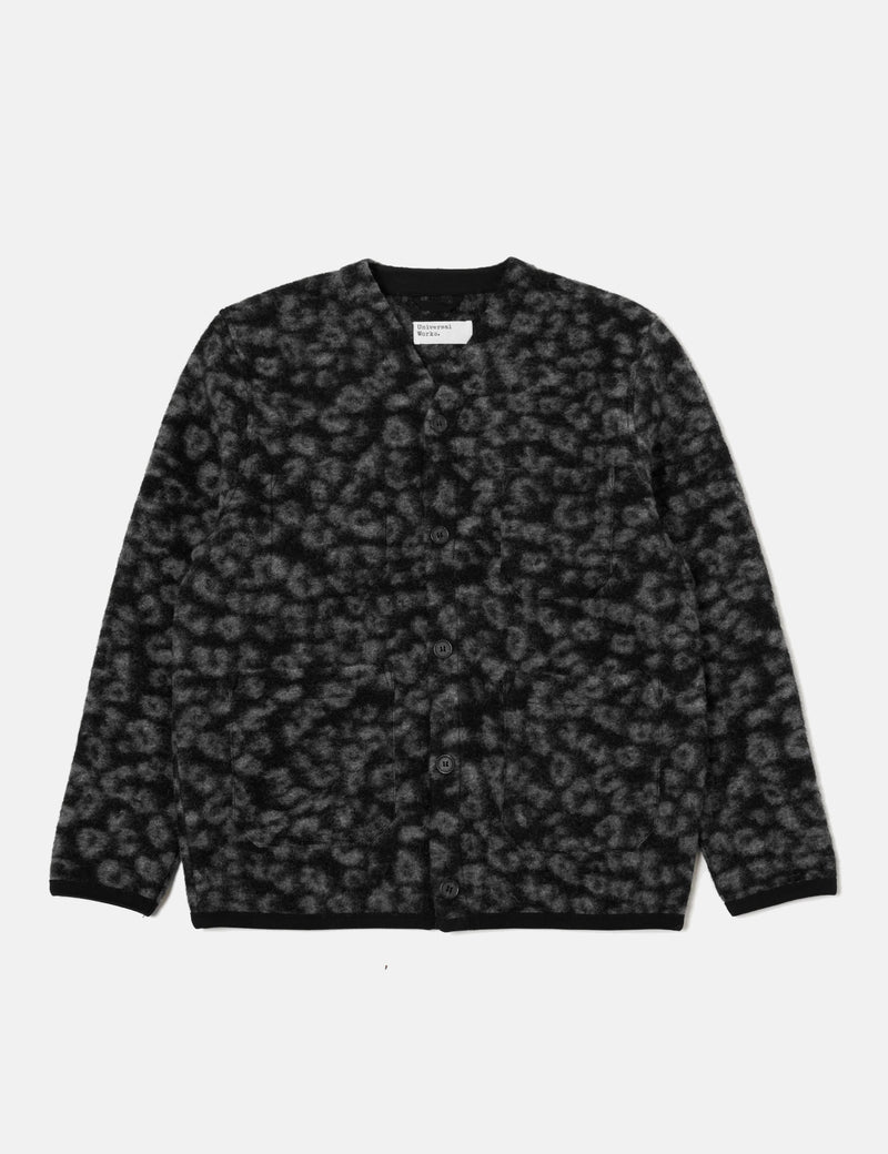 Universal Works Fleece Cardigan (Leopard) - Black/Charcoal