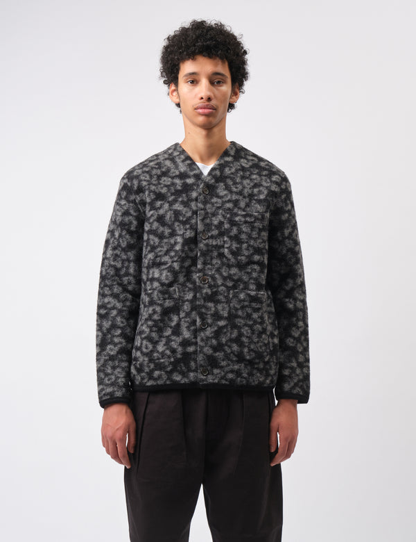 Universal Works Fleece Cardigan (Leopard) - Black/Charcoal