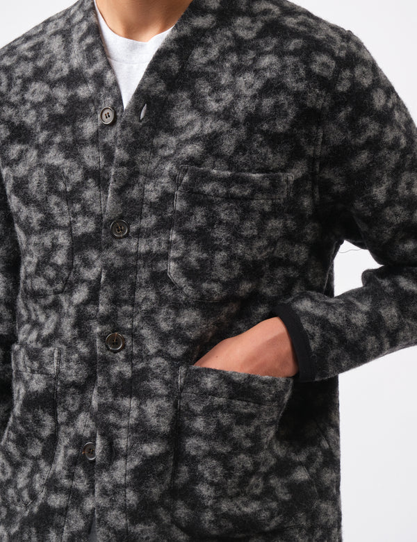 Universal Works Fleece Cardigan (Leopard) - Black/Charcoal