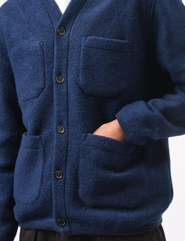 Universal Works Wool Fleece Cardigan - Indigo Blue