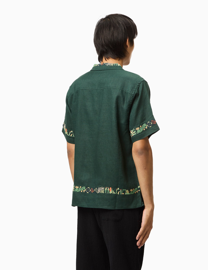 Percival Import Embroidered Cuban Shirt (Linen) - Forest Green