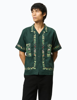 Percival Import Embroidered Cuban Shirt (Linen) - Forest Green