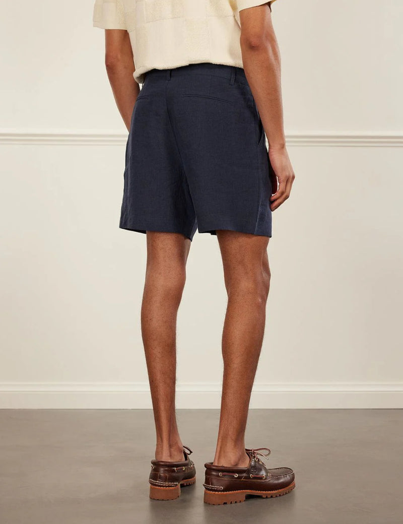 Percival Pleated Linen Shorts - Navy Blue