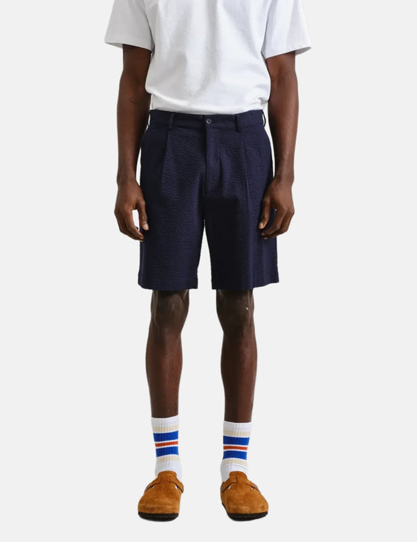 Wax London Linton Pleat Shorts (Seersucker) - Navy Blue