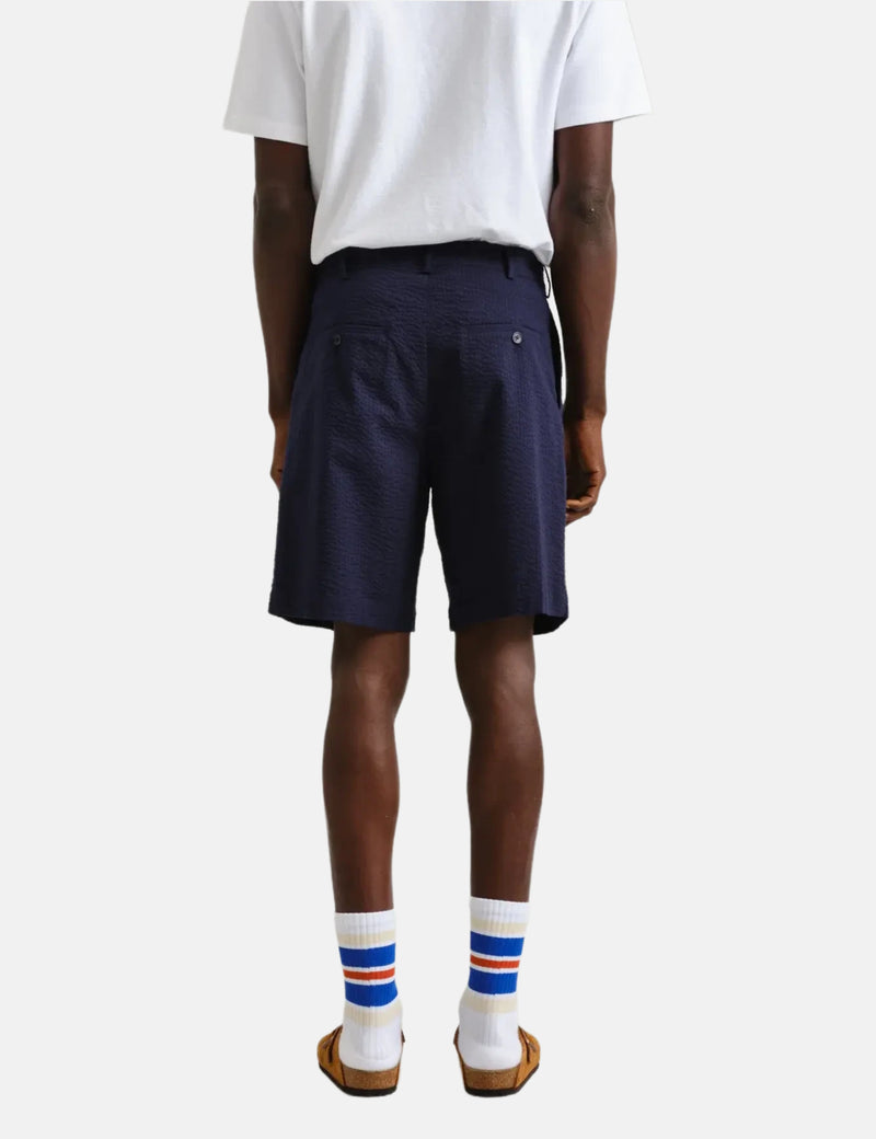 Wax London Linton Pleat Shorts (Seersucker) - Navy Blue