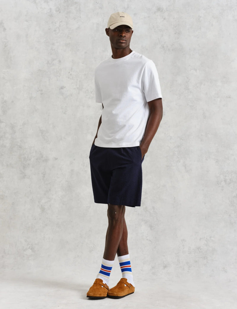 Wax London Linton Pleat Shorts (Seersucker) - Navy Blue