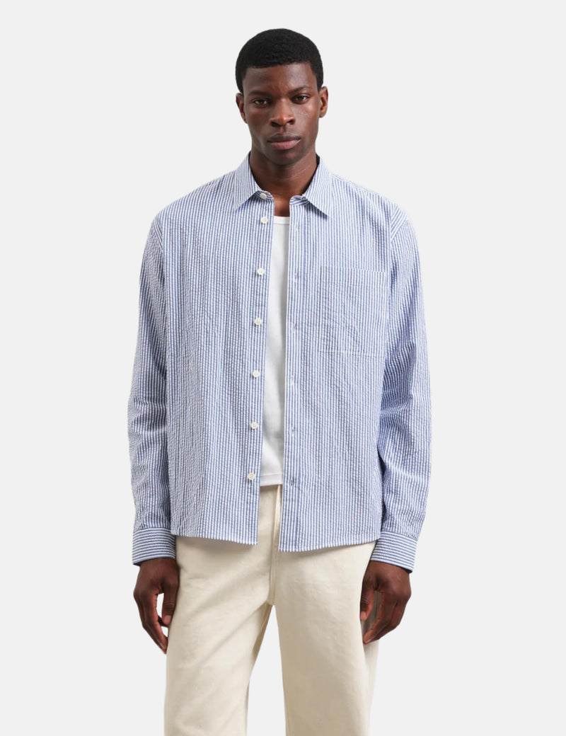 Wax London Rove Stripe Shirt (Seersucker) - Blue