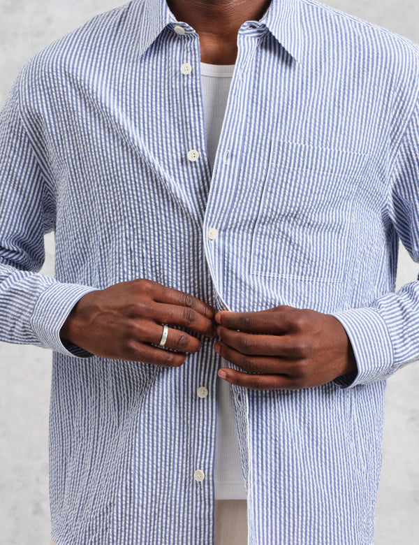 Wax London Rove Stripe Shirt (Seersucker) - Blue