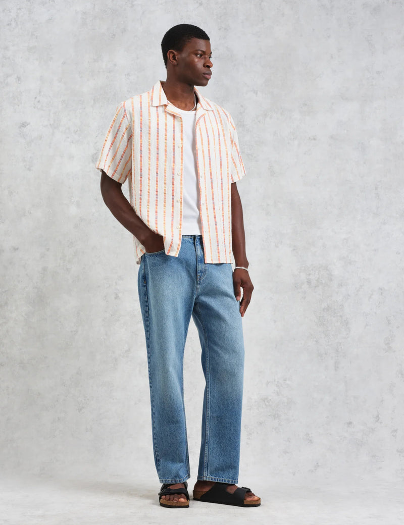 Wax London Didcot Short Sleeve Shirt (Loom Stripe) - Ecru/Orange