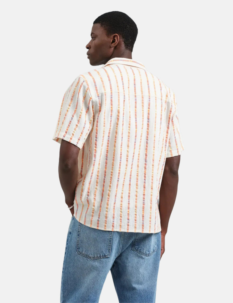 Wax London Didcot Short Sleeve Shirt (Loom Stripe) - Ecru/Orange