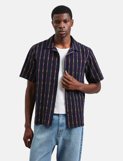 Wax London Didcot Short Sleeve Shirt (Loom Stripe) - Navy Blue/Orange