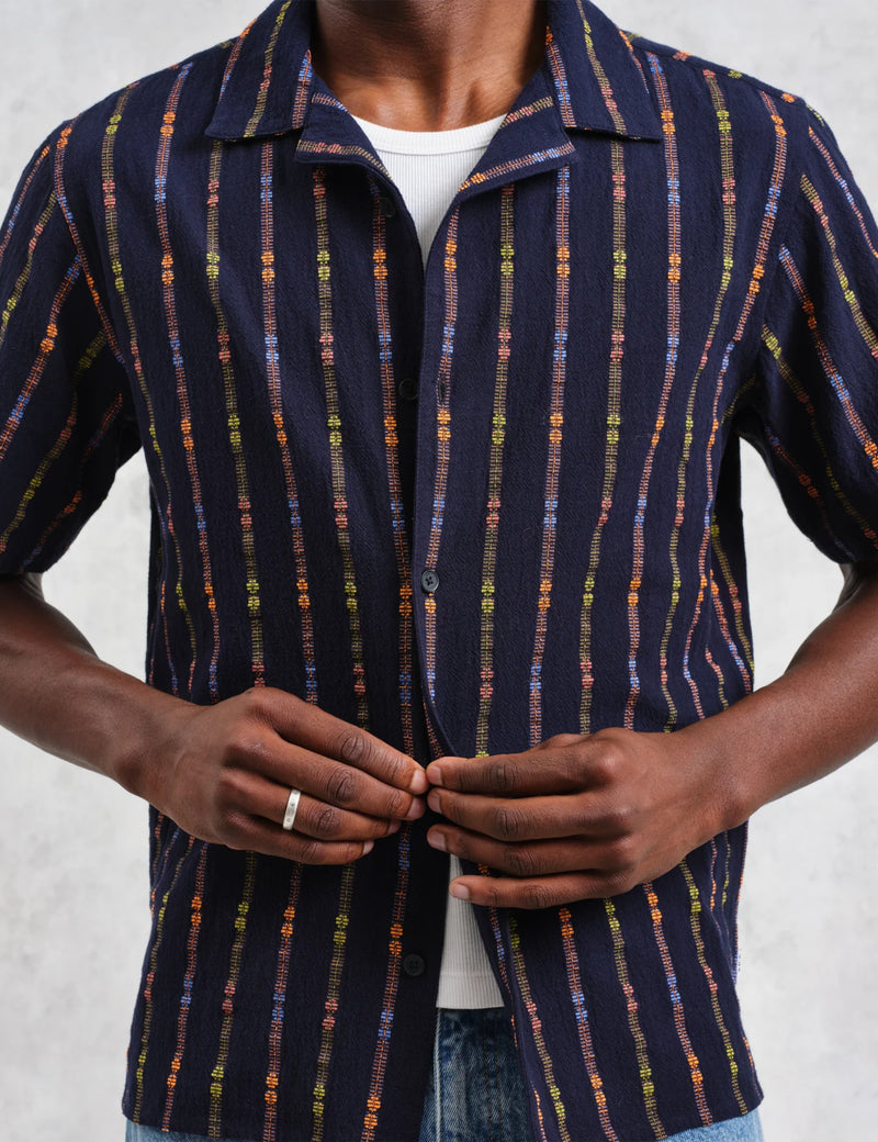 Wax London Didcot Short Sleeve Shirt (Loom Stripe) - Navy Blue/Orange