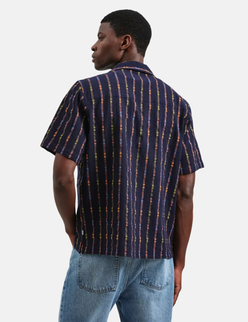 Wax London Didcot Short Sleeve Shirt (Loom Stripe) - Navy Blue/Orange