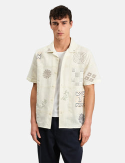 Wax London Didcot Short Sleeve Shirt (Doodle Embroidery) - Ecru/Multi