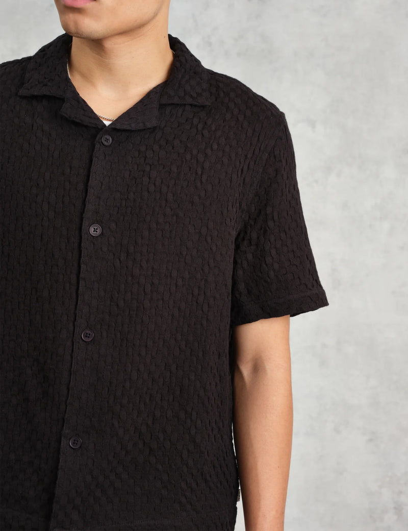 Wax London Lido Short Sleeve Shirt (Box Dobby) - Black