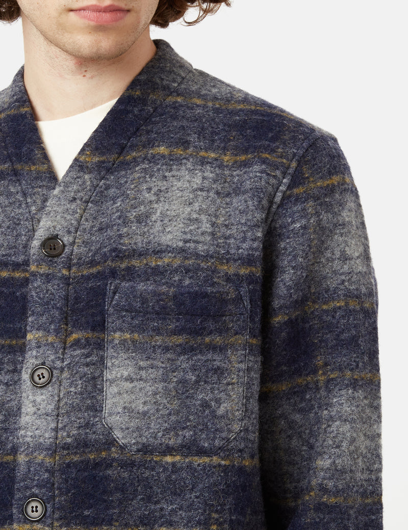 Universal Works Checked Cardigan (Wool Fleece) - Navy Blue