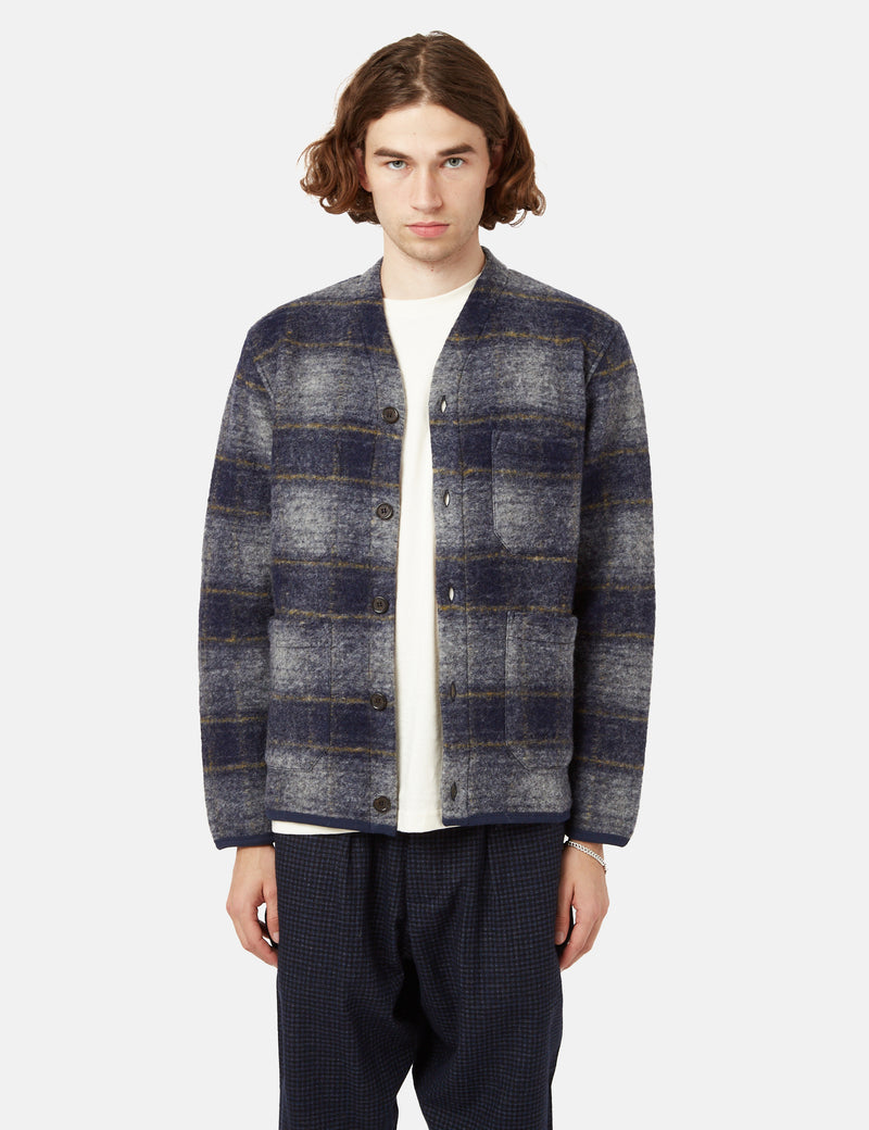 Universal Works Checked Cardigan (Wool Fleece) - Navy Blue