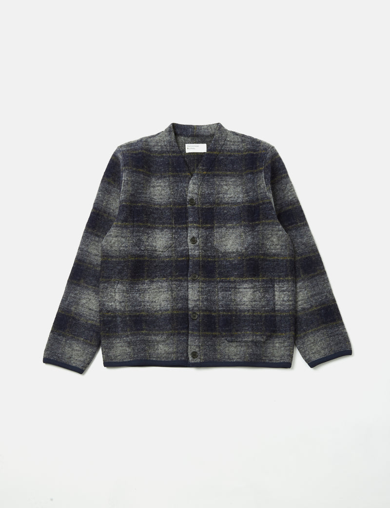 Universal Works Checked Cardigan (Wool Fleece) - Navy Blue