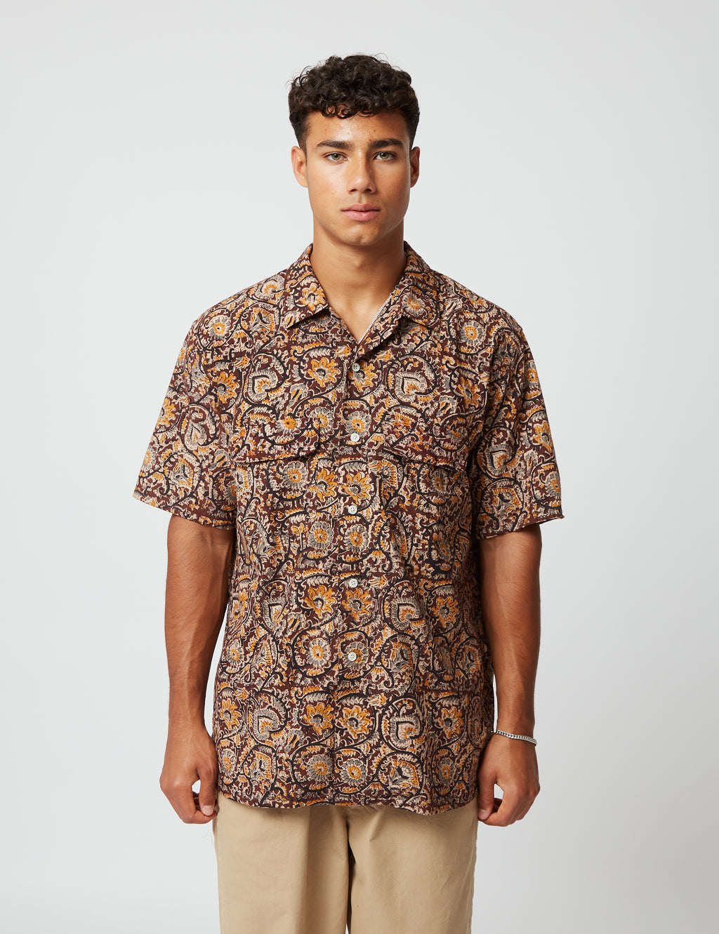 Beams Plus Open Collar Short Sleeve Shirt (Block Print) - Brown I