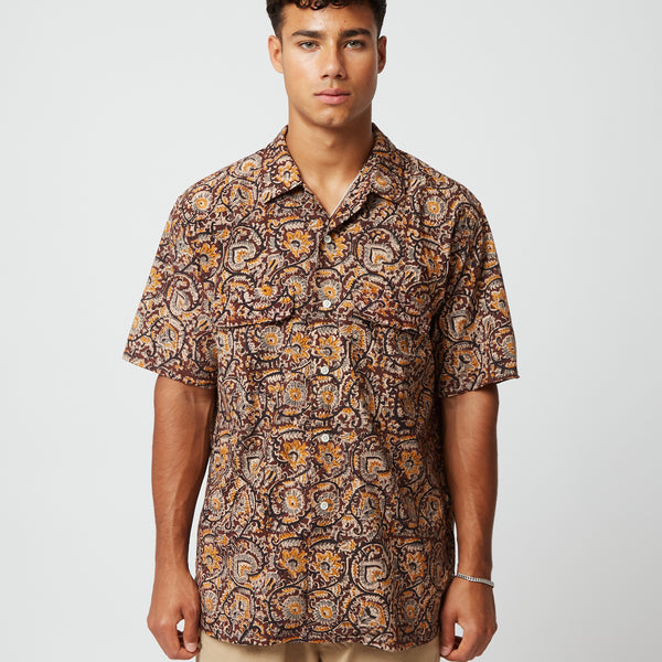 Beams Plus Open Collar Short Sleeve Shirt (Block Print) - Brown I