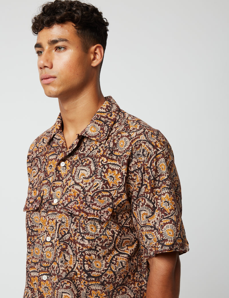 Beams Plus Open Collar Short Sleeve Shirt (Block Print) - Brown I