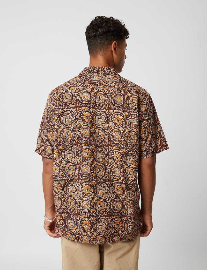 Beams Plus Open Collar Short Sleeve Shirt (Block Print) - Brown I Article.