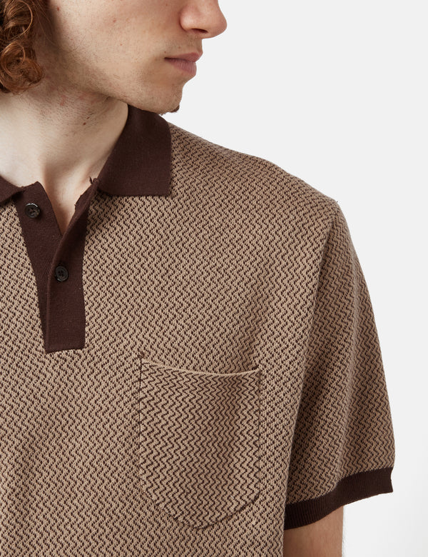 Beams Plus Knit Polo (2Tone Jacquard) - Brown