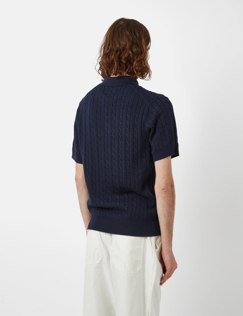 Beams Plus Knit Polo (Cable) - Navy Blue