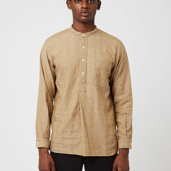 Beams Plus Band Collar Herringbone Pullover Shirt - Khaki | Article.