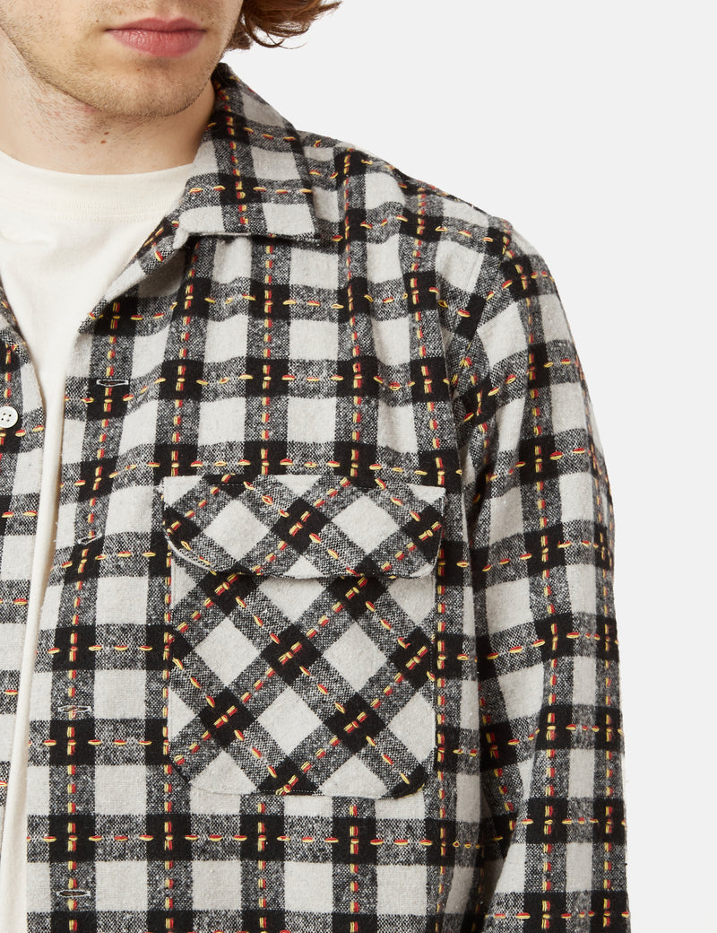 Beams Plus Open Collar Block Shirt (Check Sashiko) - Grey I Article.