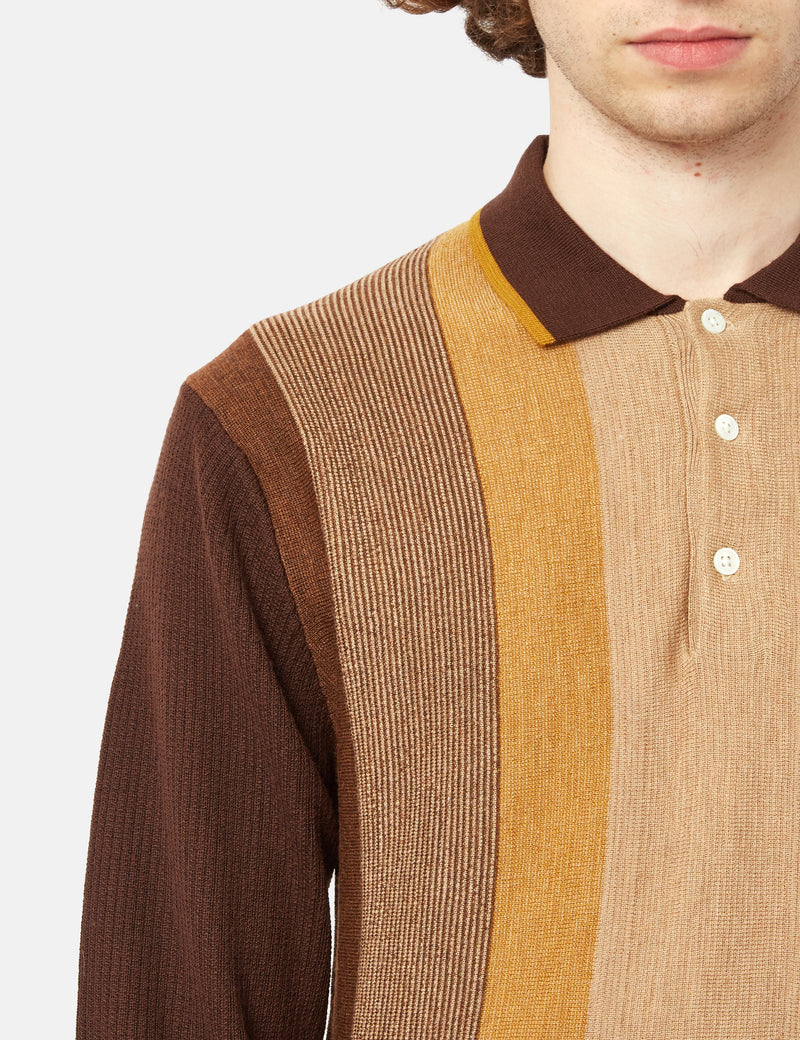 Beams Plus Knit Polo (Stripe) - Brown