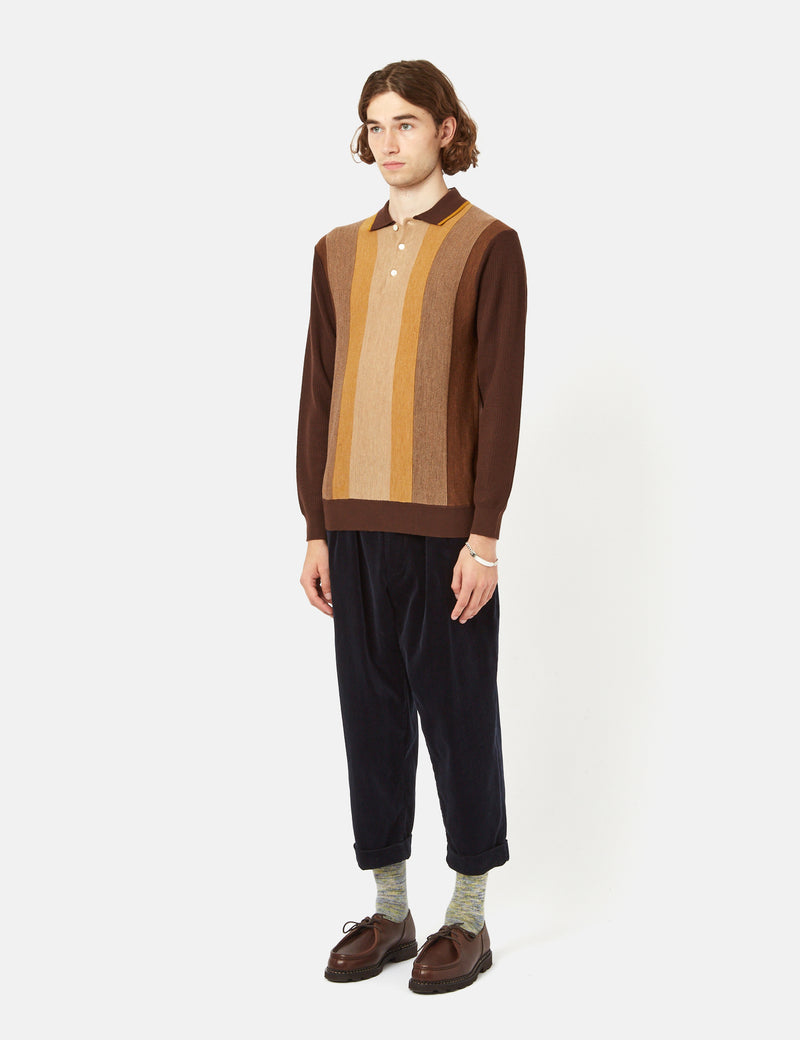 Beams Plus Knit Polo (Stripe) - Brown