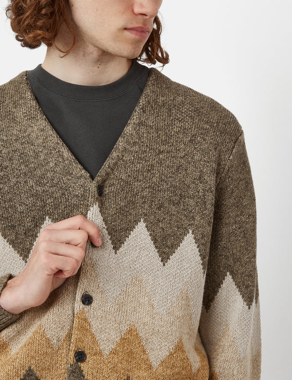 Beams Plus Chevron Stripe Cardigan (Jacquard) - Khaki Brown