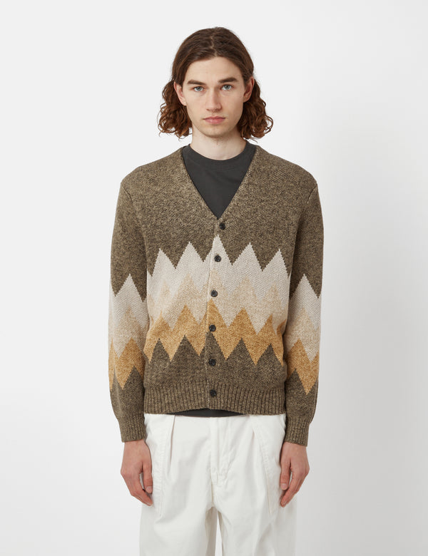 Beams Plus Chevron Stripe Cardigan (Jacquard) - Khaki Brown