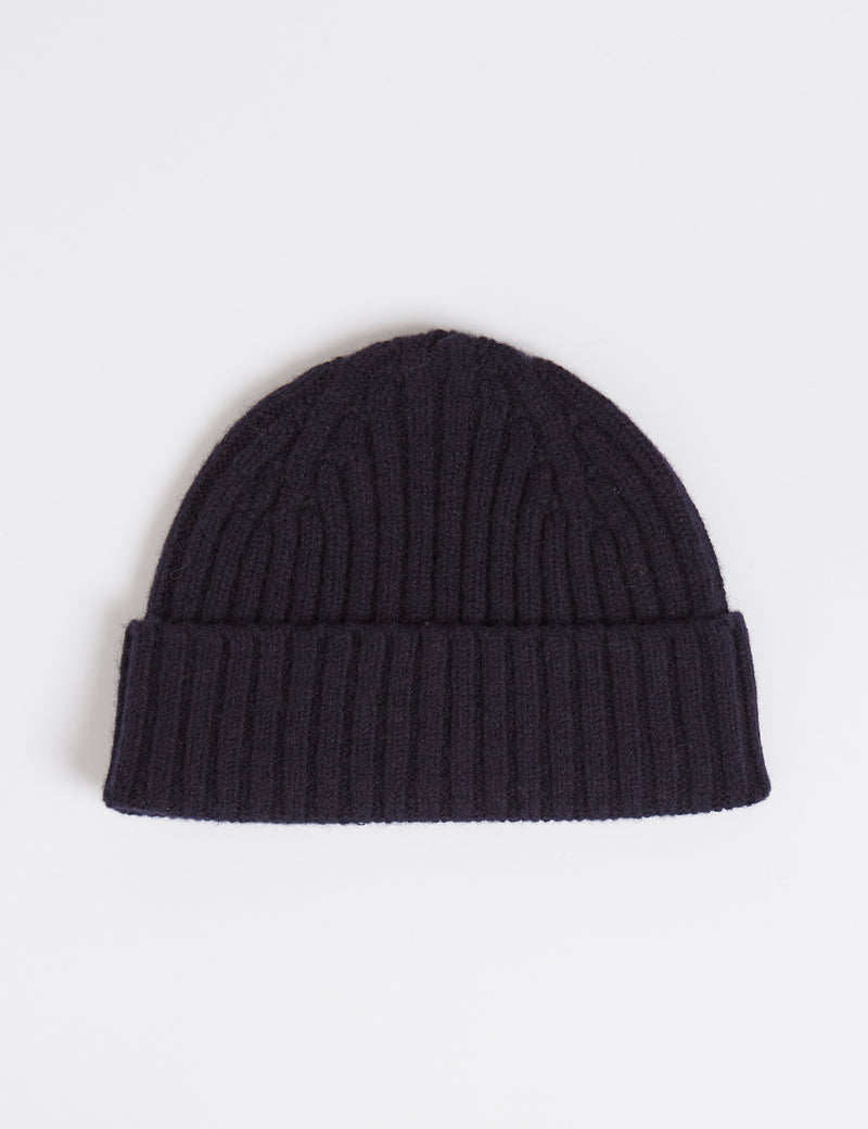 Bhode 2x2 Rib Beanie Hat (Lambswool) - Navy Blue