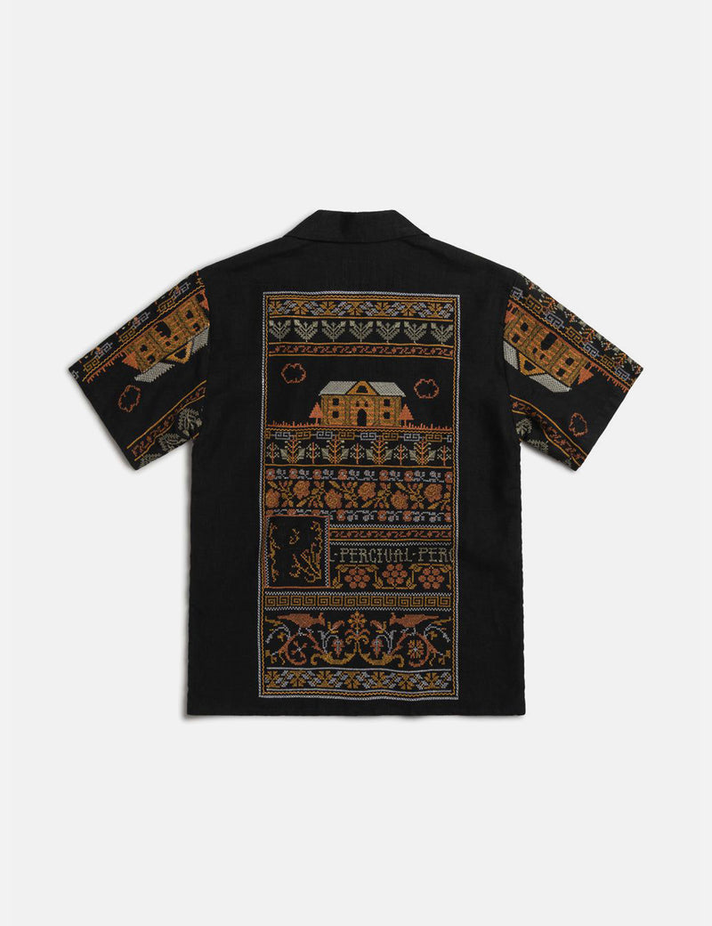 Percival Fairytale Tapestry Short Sleeve Shirt (Linen) - Black