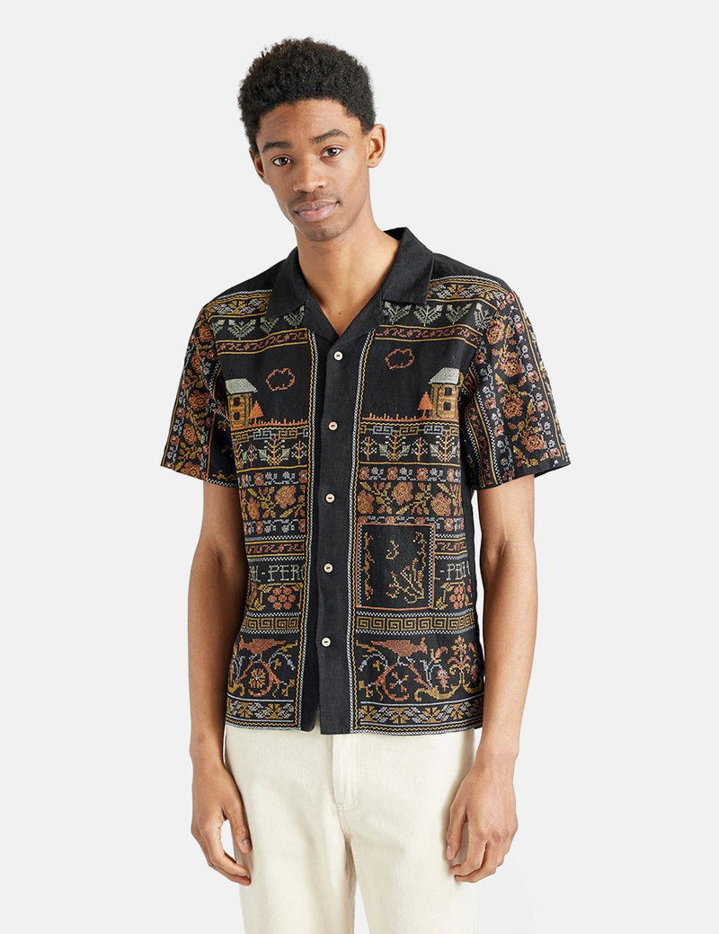 Percival Fairytale Tapestry Short Sleeve Shirt (Linen) - Black