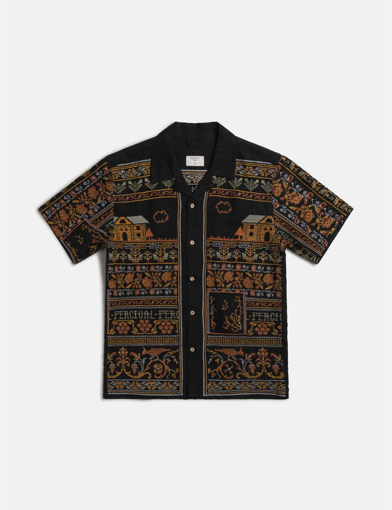 Percival Fairytale Tapestry Short Sleeve Shirt (Linen) - Black