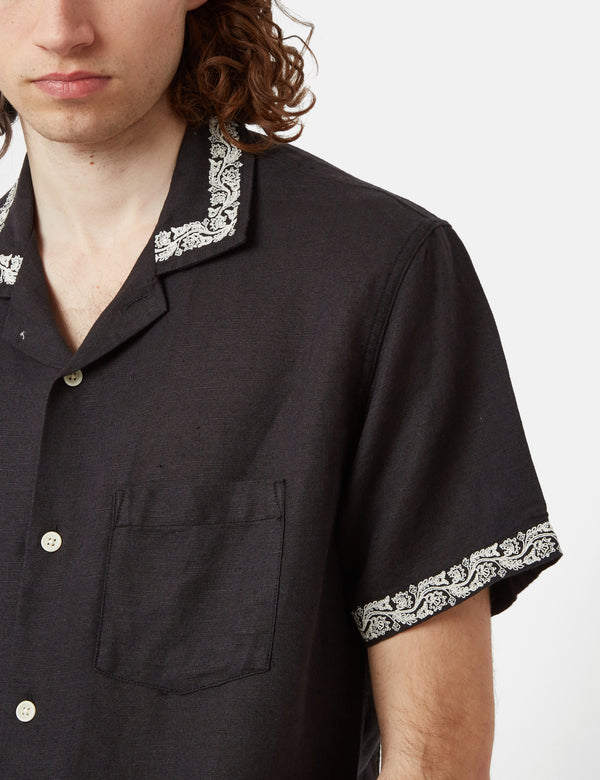 Corridor Hamsa Floral Short Sleeve Linen Shirt - Black